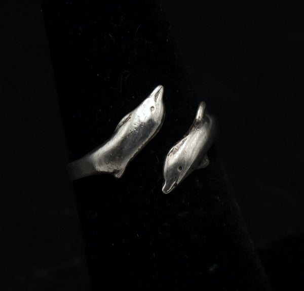 Vintage Sterling Silver Dolphins Bypass Band - Size 5+