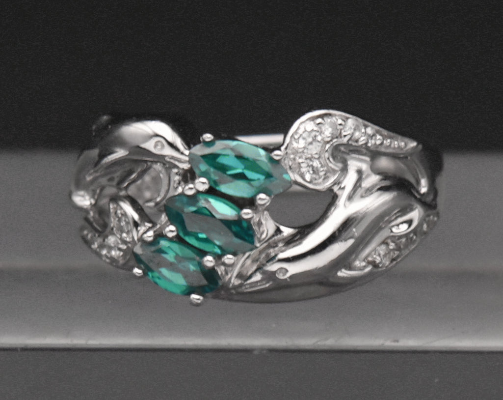 Sterling Silver and Crystal Dolphin Ring - Size 7.5