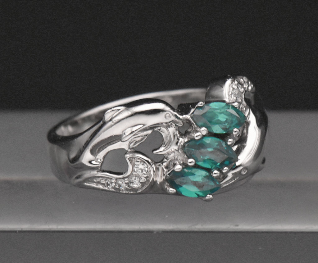 Sterling Silver and Crystal Dolphin Ring - Size 7.5