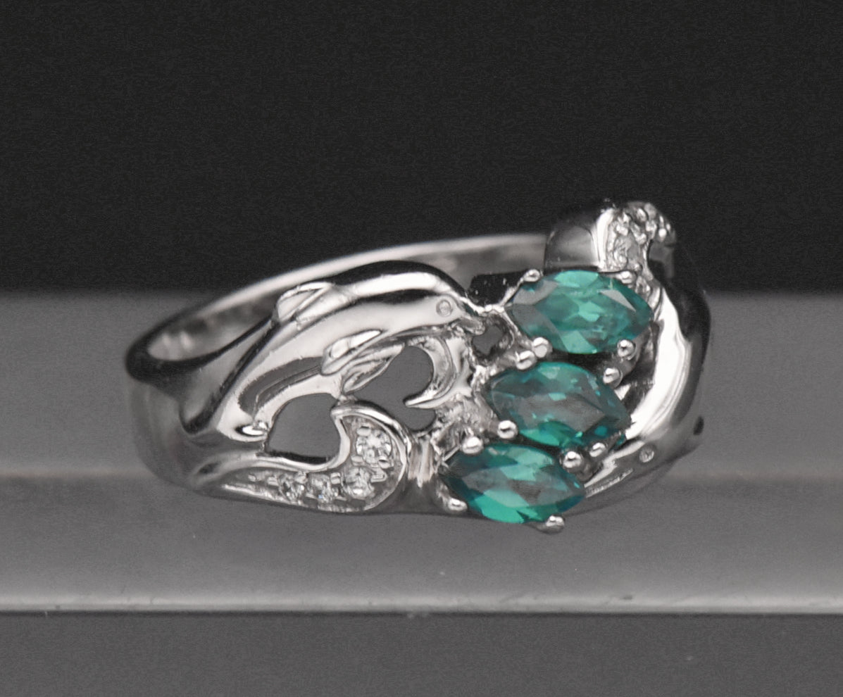 Sterling Silver and Crystal Dolphin Ring - Size 7.5