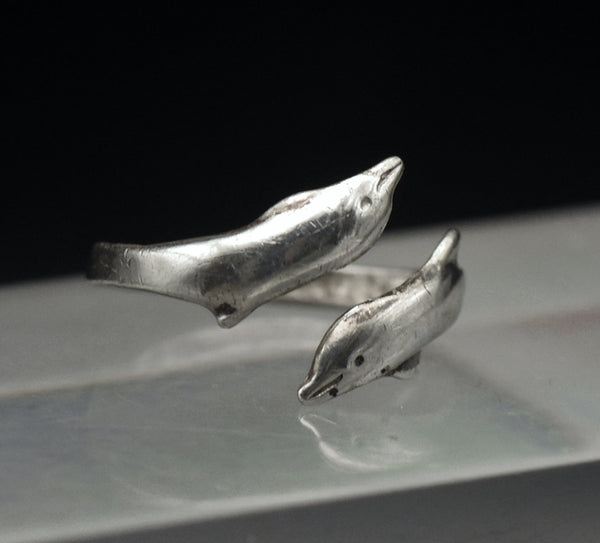 Vintage Sterling Silver Dolphins Bypass Band - Size 5+