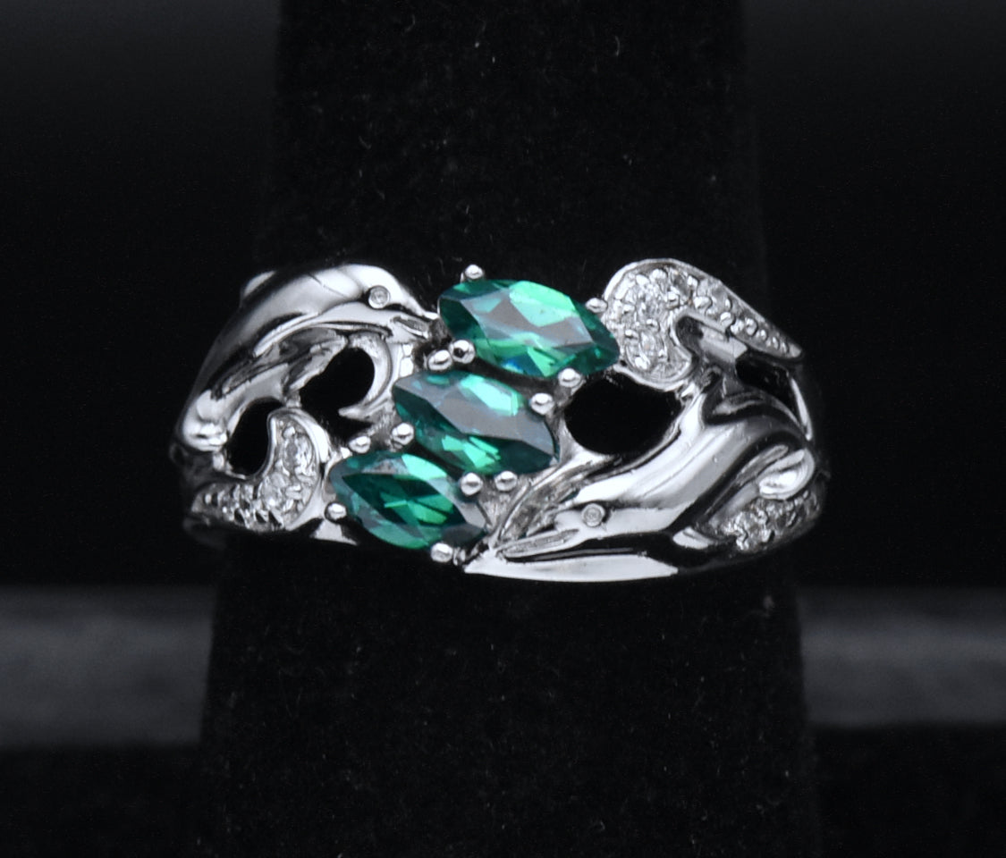 Sterling Silver and Crystal Dolphin Ring - Size 7.5