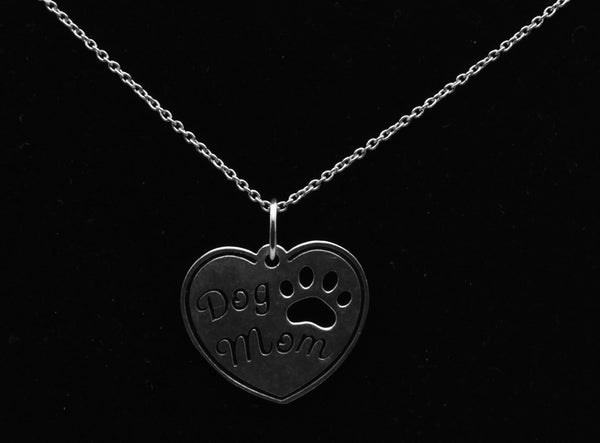 Vintage Sterling Silver "Dog Mom" Heart Pendant Necklace - 19"