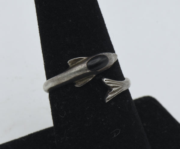 Vintage Sterling Silver Black Onyx Dolphin Bypass Ring