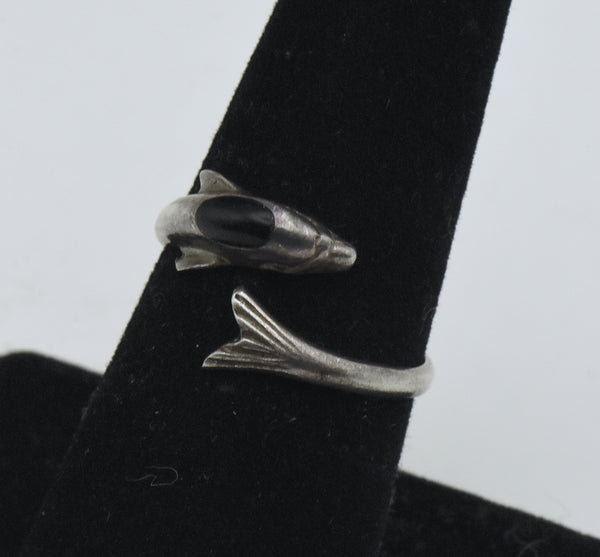 Vintage Sterling Silver Black Onyx Dolphin Bypass Ring