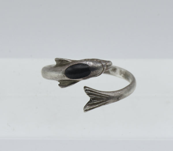 Vintage Sterling Silver Black Onyx Dolphin Bypass Ring