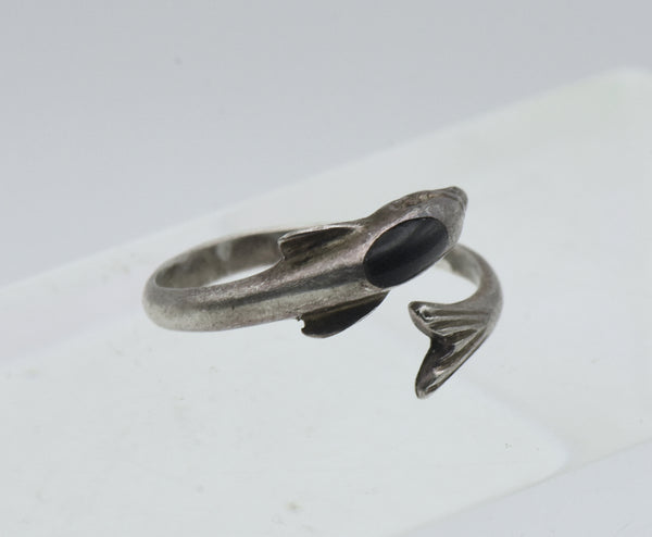 Vintage Sterling Silver Black Onyx Dolphin Bypass Ring