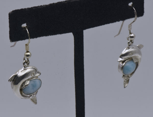 Vintage Larimar Sterling Silver Dolphin Earrings