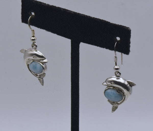 Vintage Larimar Sterling Silver Dolphin Earrings
