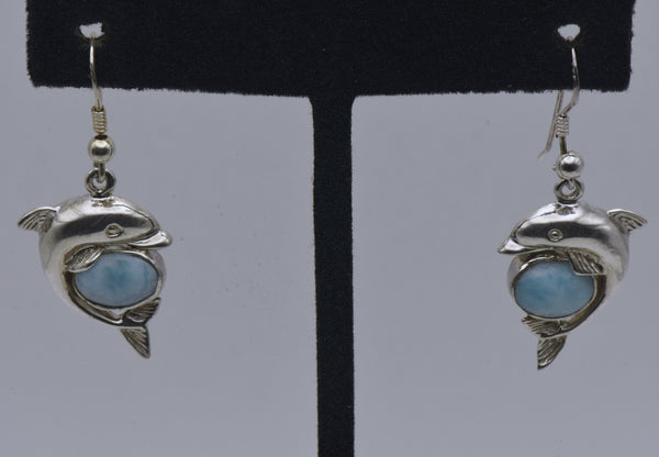 Vintage Larimar Sterling Silver Dolphin Earrings