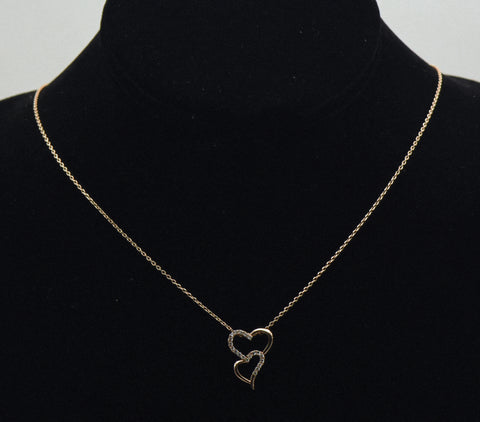 Rose Gold Tone Double Heart Rhinestones Pendant on Rose Gold Tone Chain Necklace