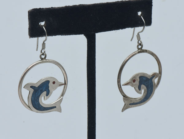 Vintage Handmade Dolphin Alpaca Hoop Dangle Earrings