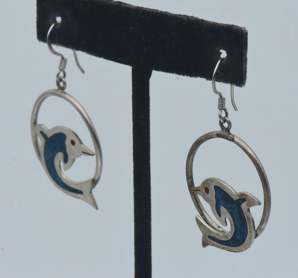 Vintage Handmade Dolphin Alpaca Hoop Dangle Earrings