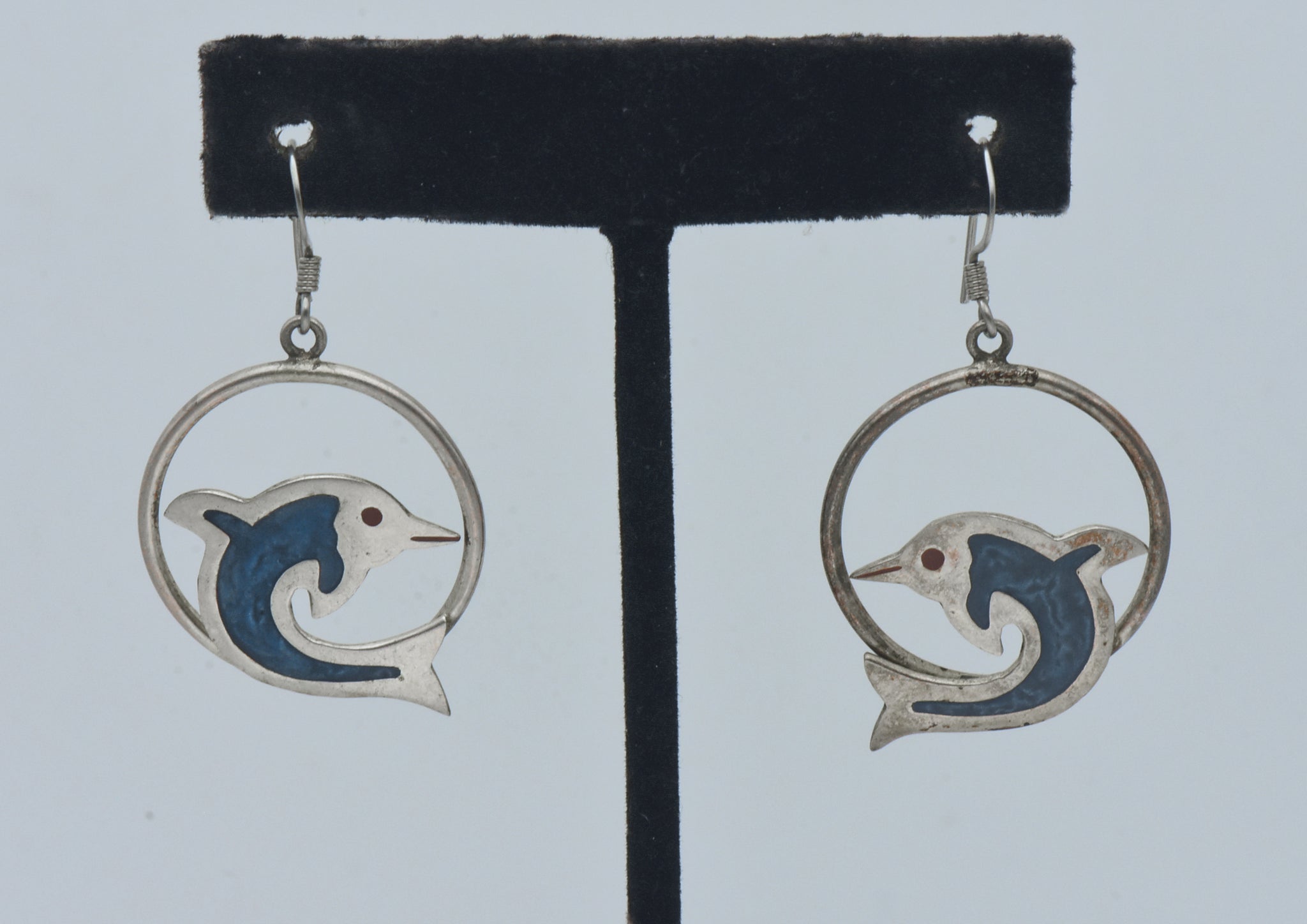 Vintage Handmade Dolphin Alpaca Hoop Dangle Earrings