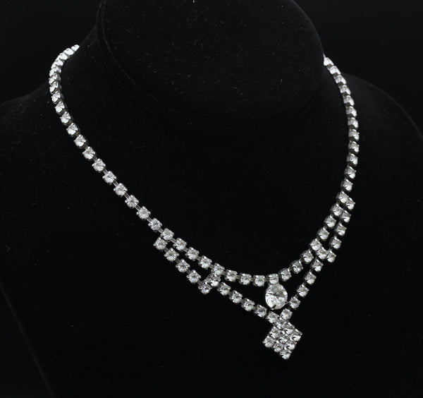 Vintage Silver Tone Rhinestone Drop Necklace - 14.5"