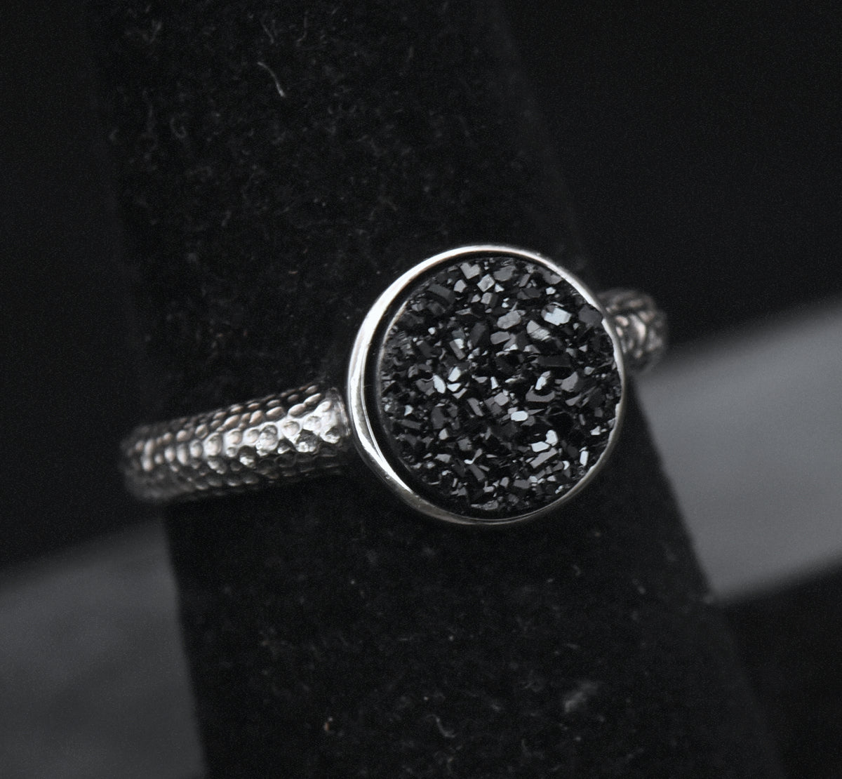 Vintage Sterling Silver Black Druzy Ring - Size 6