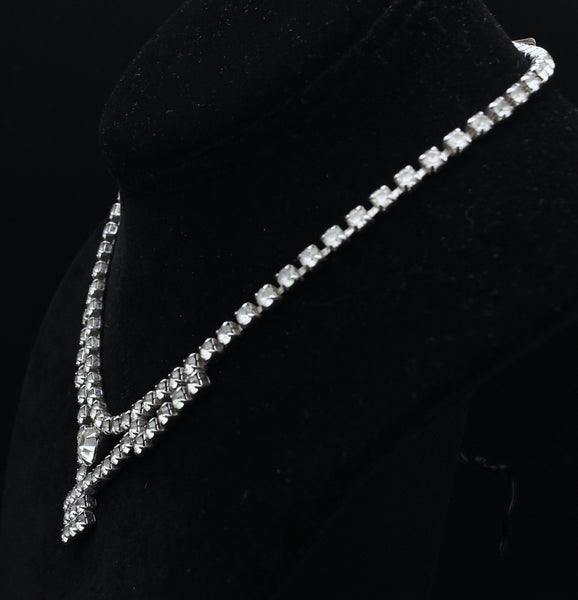 Vintage Silver Tone Rhinestone Drop Necklace - 14.5"