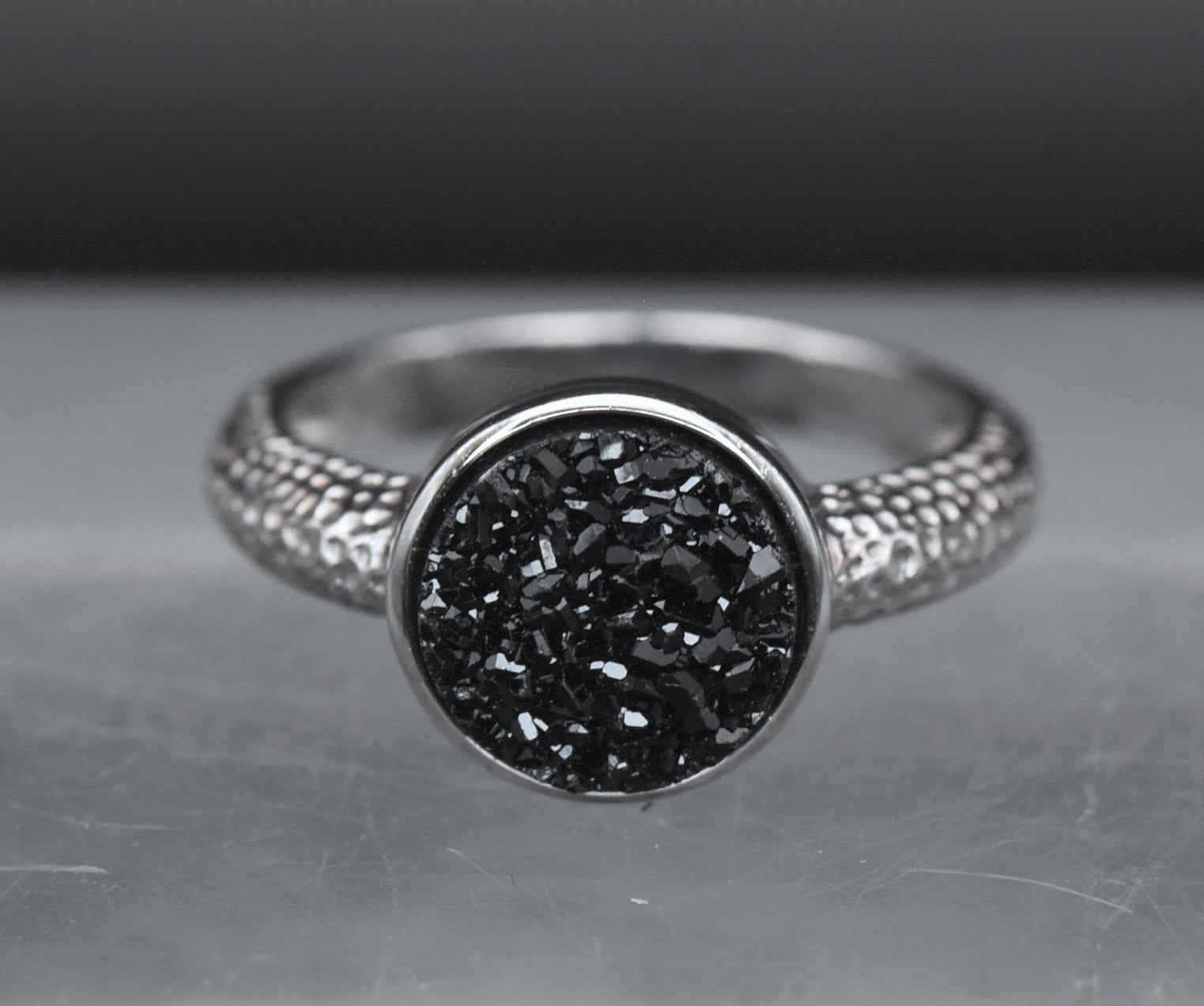 Vintage Sterling Silver Black Druzy Ring - Size 6