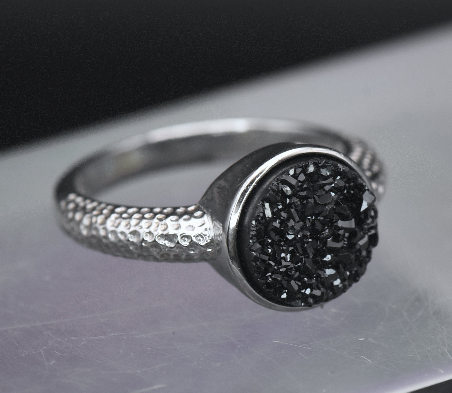 Vintage Sterling Silver Black Druzy Ring - Size 6
