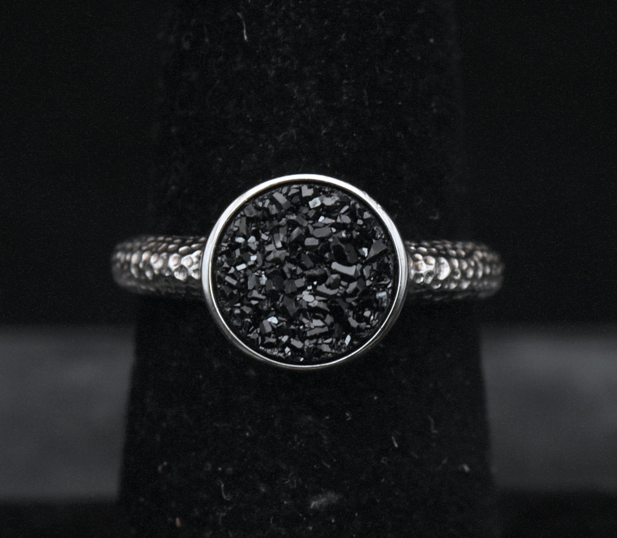 Vintage Sterling Silver Black Druzy Ring - Size 6