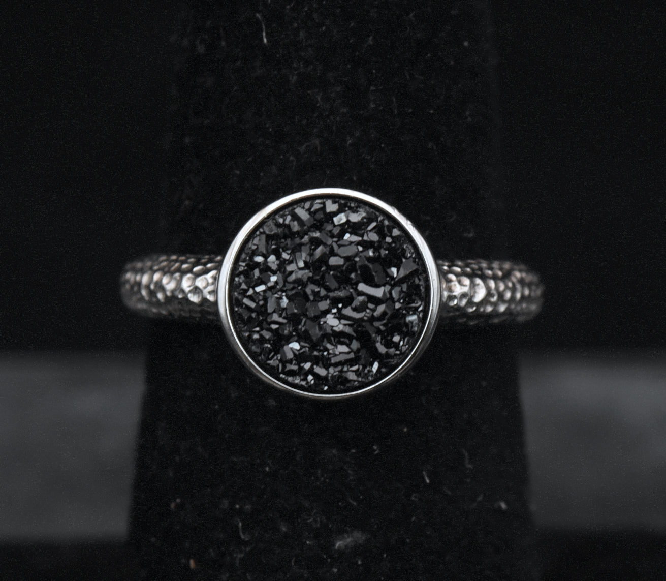 Vintage Sterling Silver Black Druzy Ring - Size 6