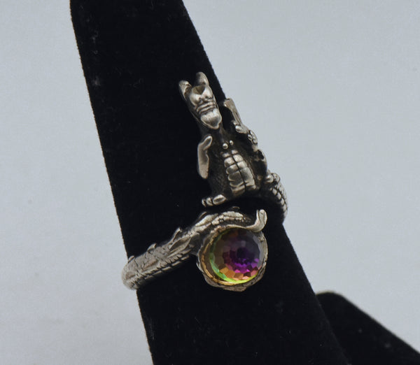 Vintage Sterling Silver Dragon Bypass Iridescent Glass Ring