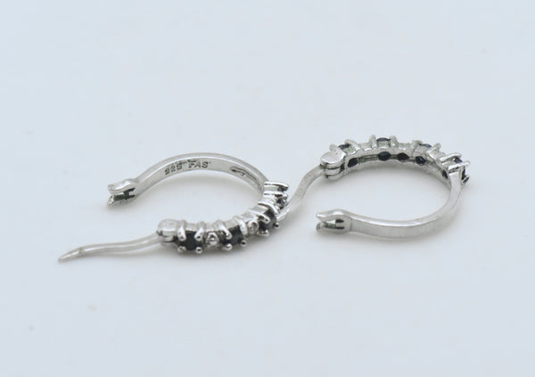 Vintage Sapphire and Diamond Sterling Silver Hoop Earrings