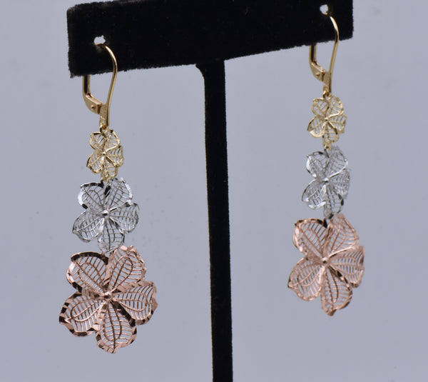 Vintage Tri-Tone Sterling Silver Floral Dangle Earrings