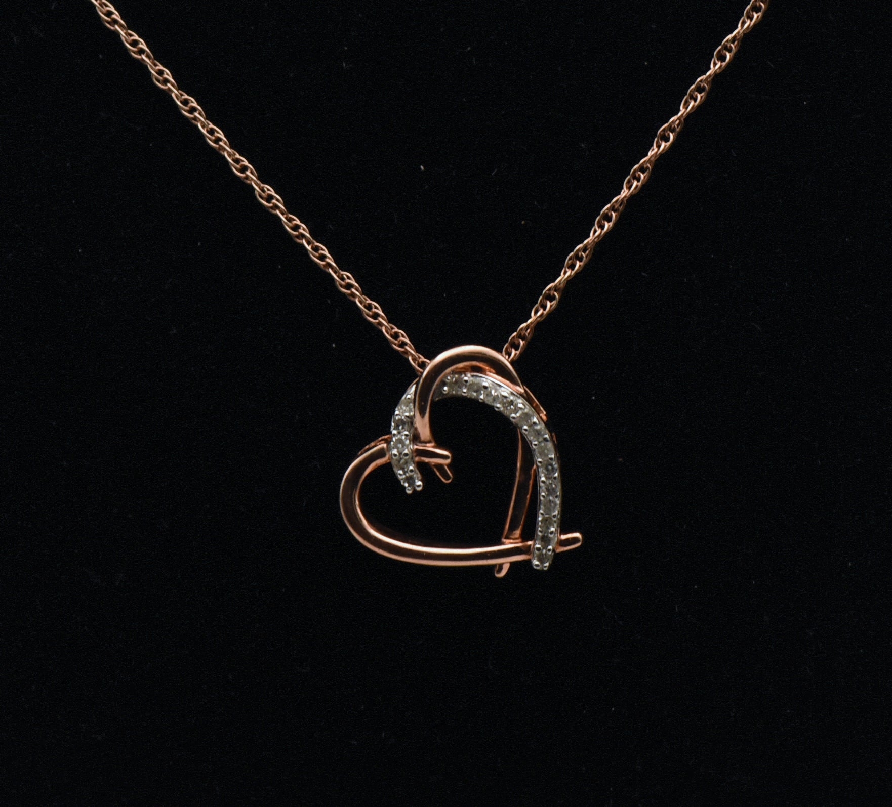 Vintage Rose Gold Tone Diamonds Heart Pendant Sterling Silver Chain Necklace - 18"