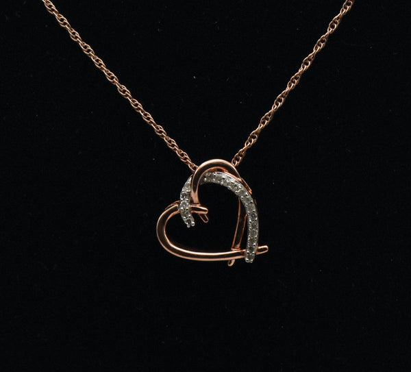 Vintage Rose Gold Tone Diamonds Heart Pendant Sterling Silver Chain Necklace - 18"