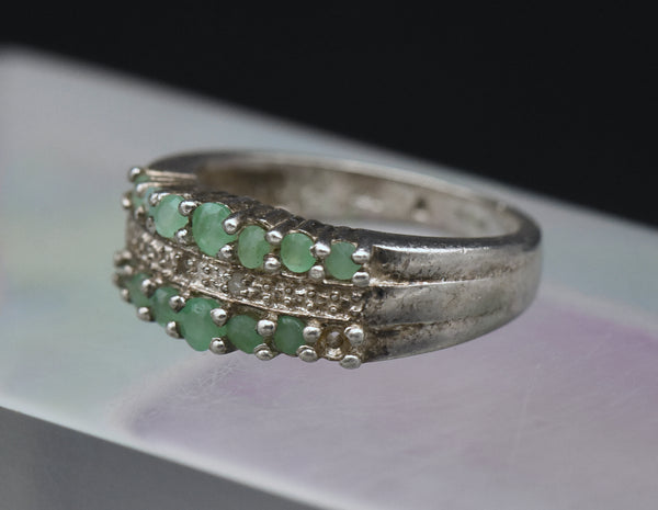 Vintage Emeralds and Diamonds Sterling Silver Ring - Size 6.25 AS IS