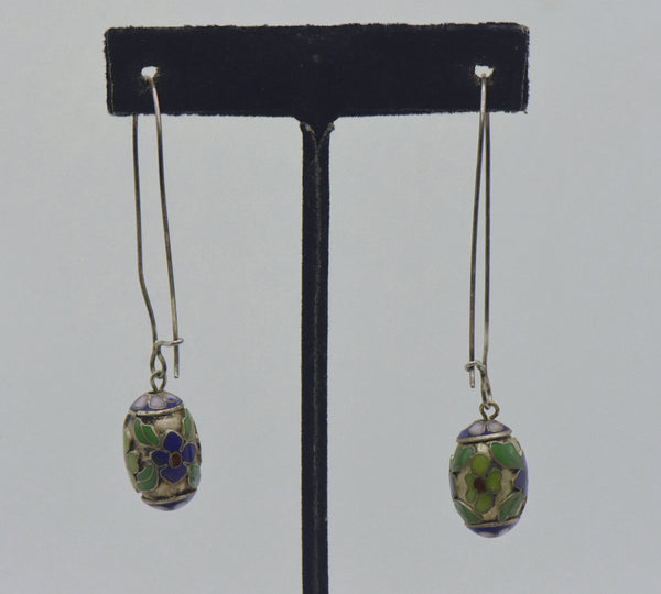 Vintage Floral Champleve Egg Dangle Earrings