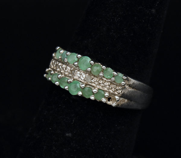 Vintage Emeralds and Diamonds Sterling Silver Ring - Size 6.25 AS IS