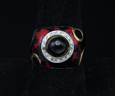 Vintage Italian Vermeil, Black Onyx and Enamel Ring - Size 8.75 READ DESCRIPTION