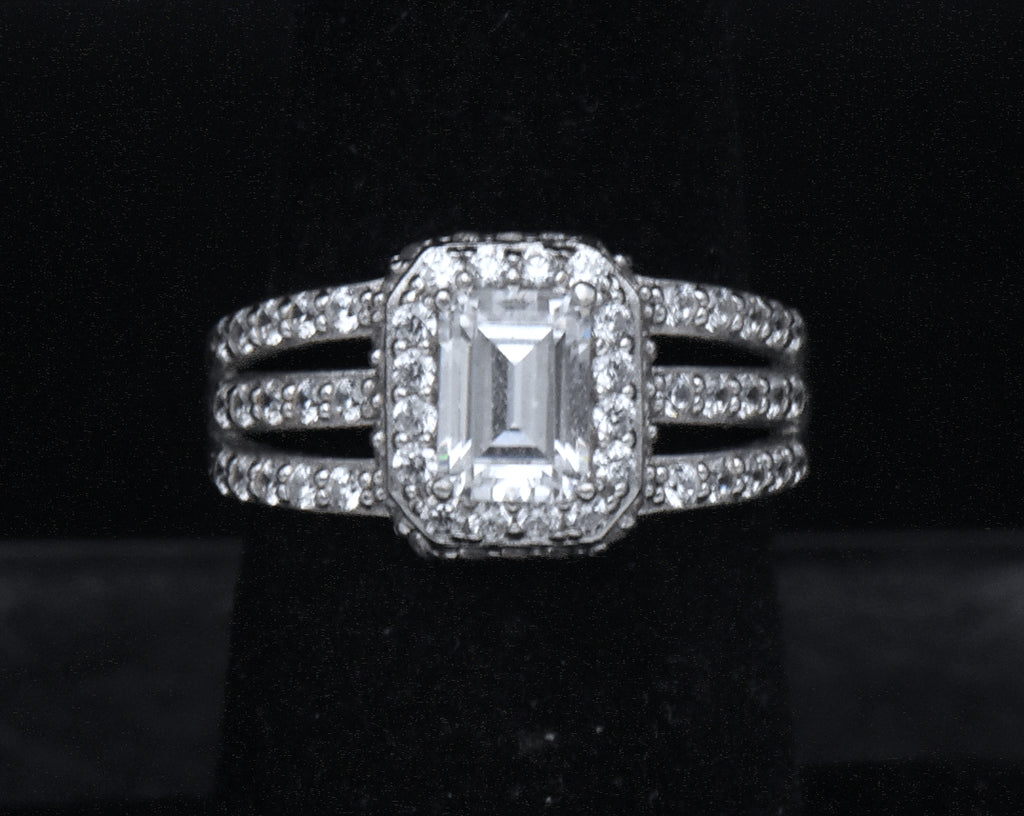 Sterling Silver Emerald Cut Cubic Zirconia Halo Ring - Size 6.25
