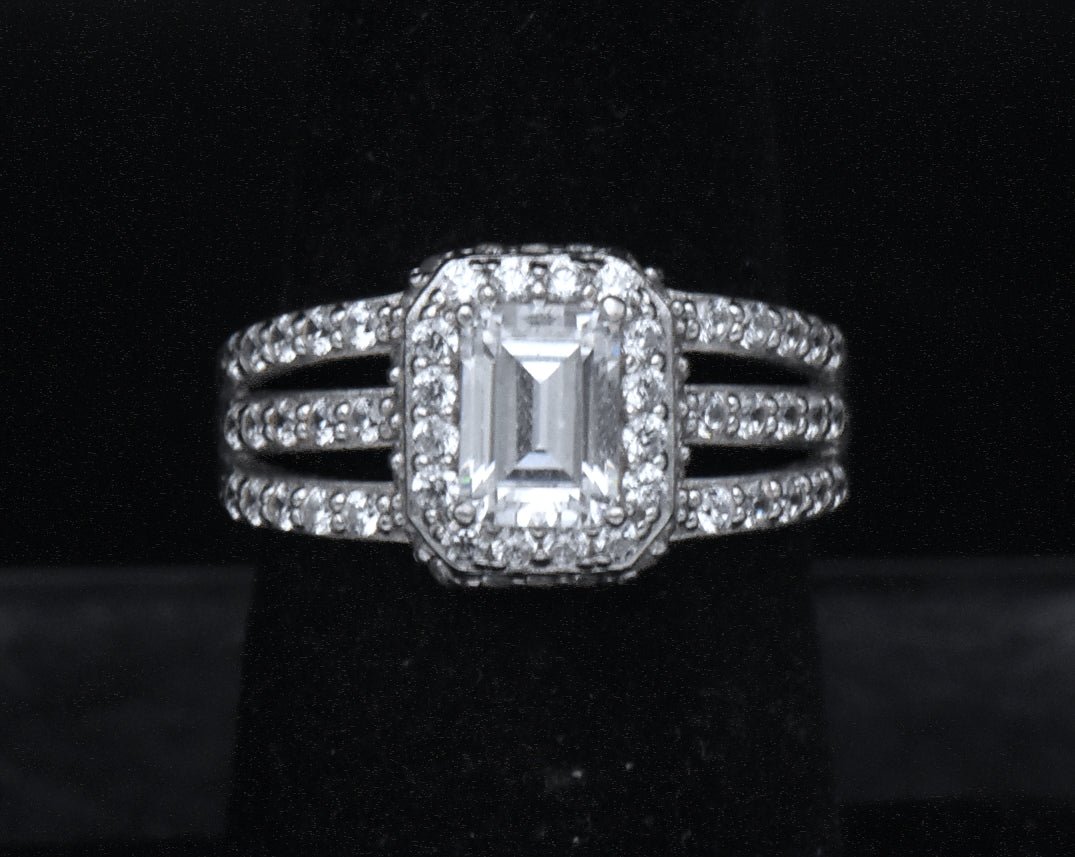 Sterling Silver Emerald Cut Cubic Zirconia Halo Ring - Size 6.25