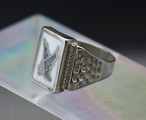 Vintage Eagle Stone and Enamel Silver Plated Ring - Size 11.25