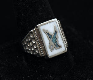 Vintage Eagle Stone and Enamel Silver Plated Ring - Size 11.25