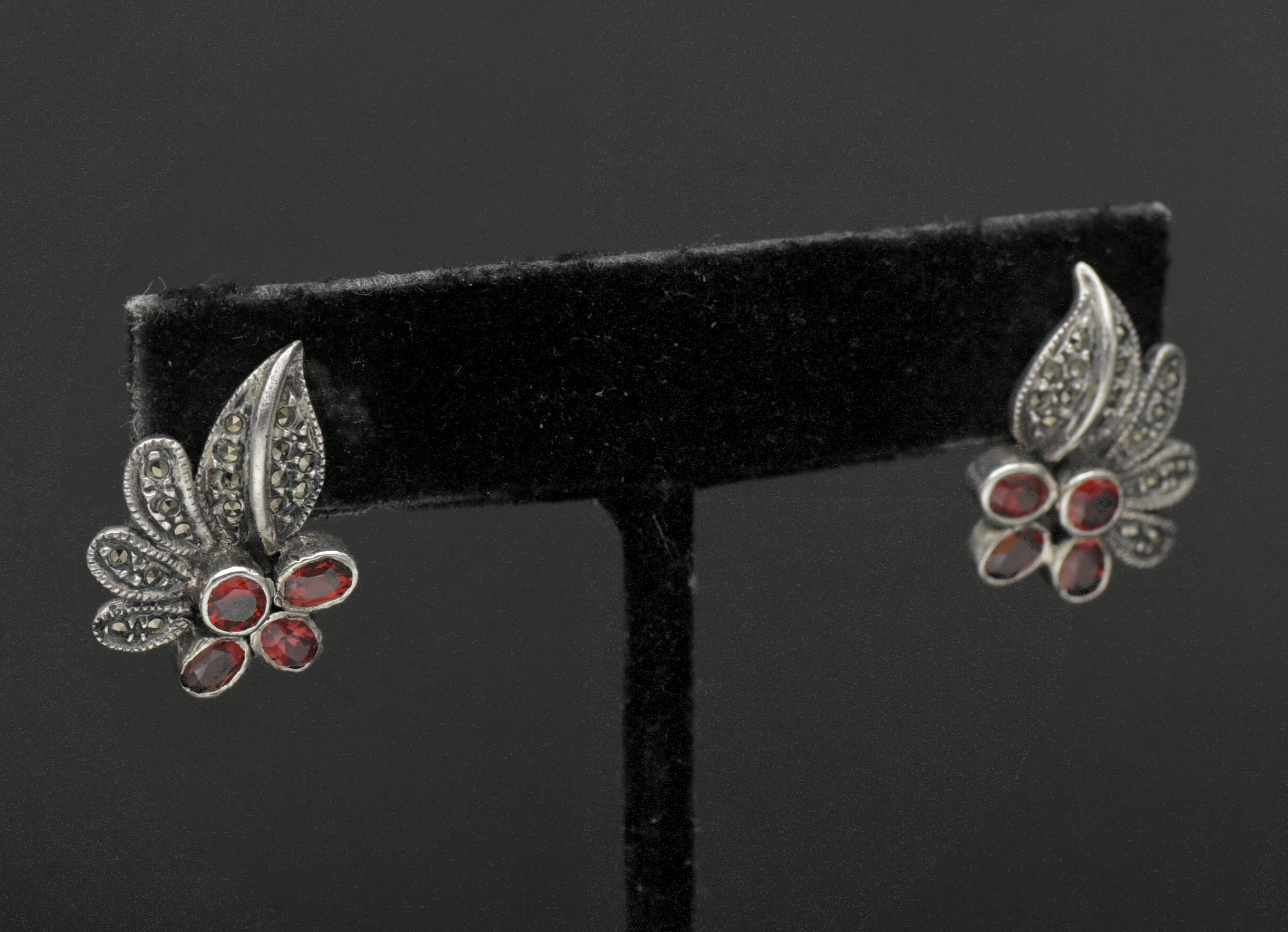 Vintage Red Garnet and Marcasite Sterling Silver Earrings