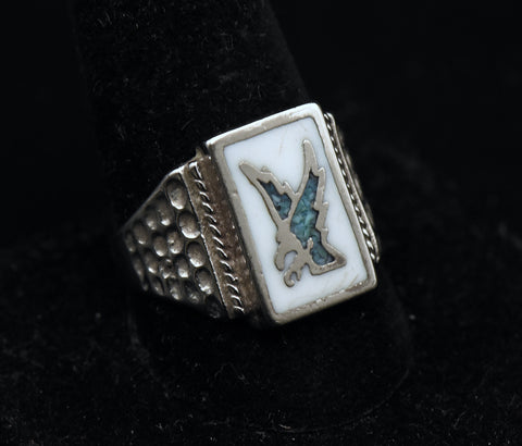 Vintage Eagle Stone and Enamel Silver Plated Ring - Size 11.25