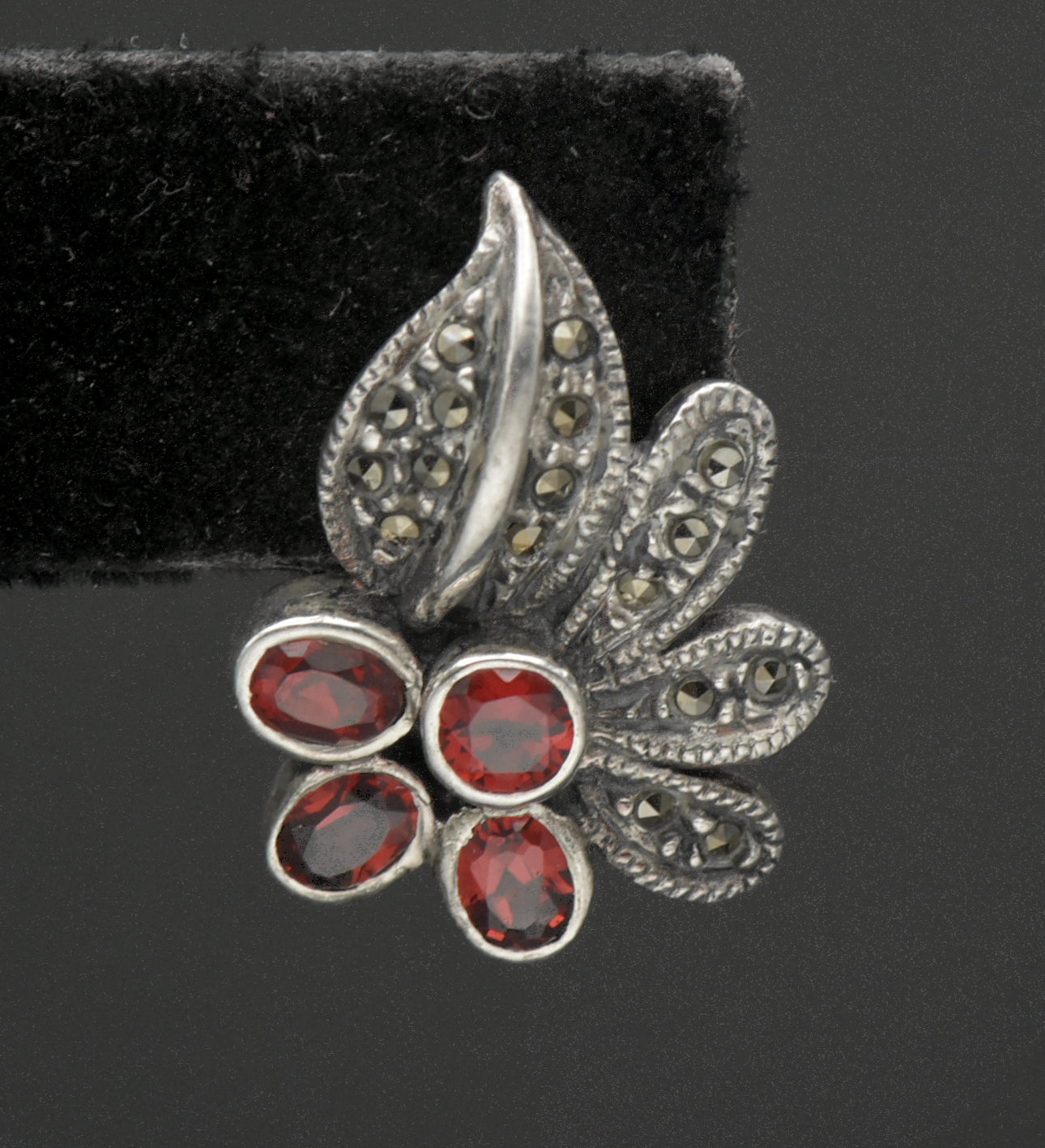 Vintage Red Garnet and Marcasite Sterling Silver Earrings