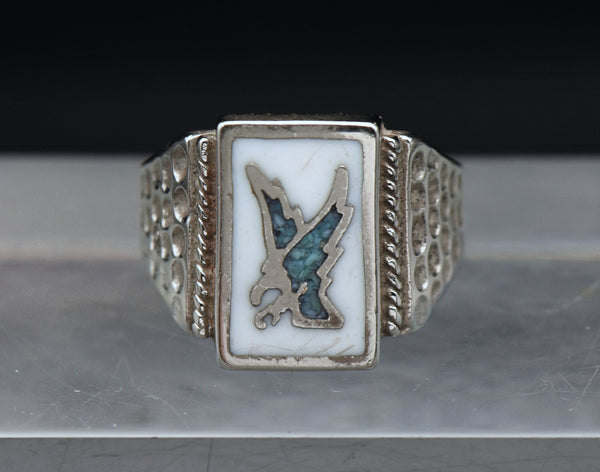 Vintage Eagle Stone and Enamel Silver Plated Ring - Size 11.25