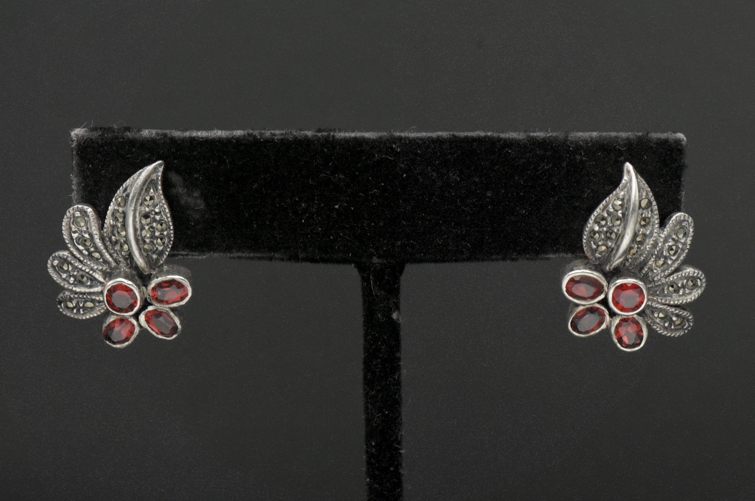 Vintage Red Garnet and Marcasite Sterling Silver Earrings