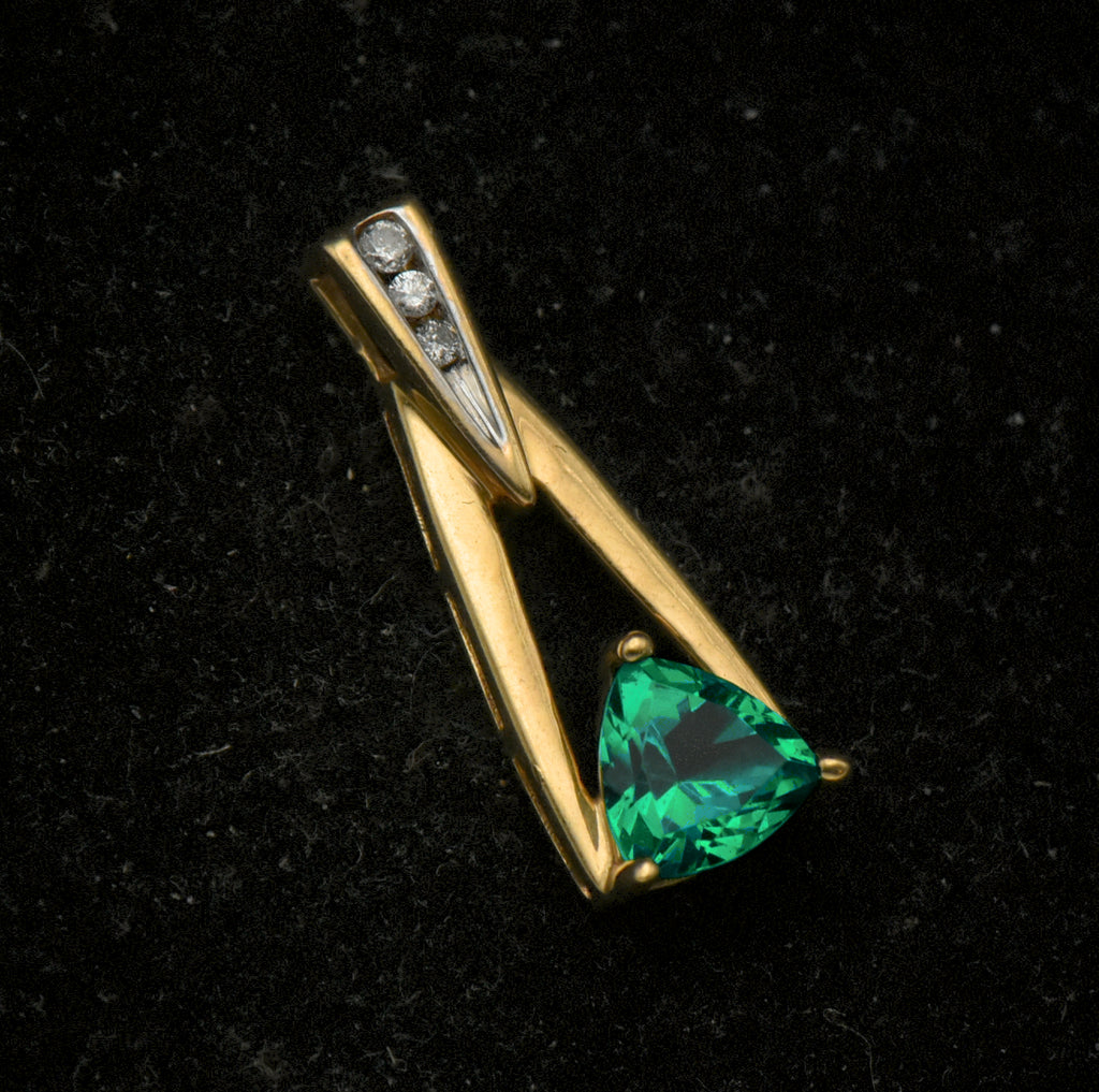 Vintage 10k Synthetic Emerald and Diamonds Pendant