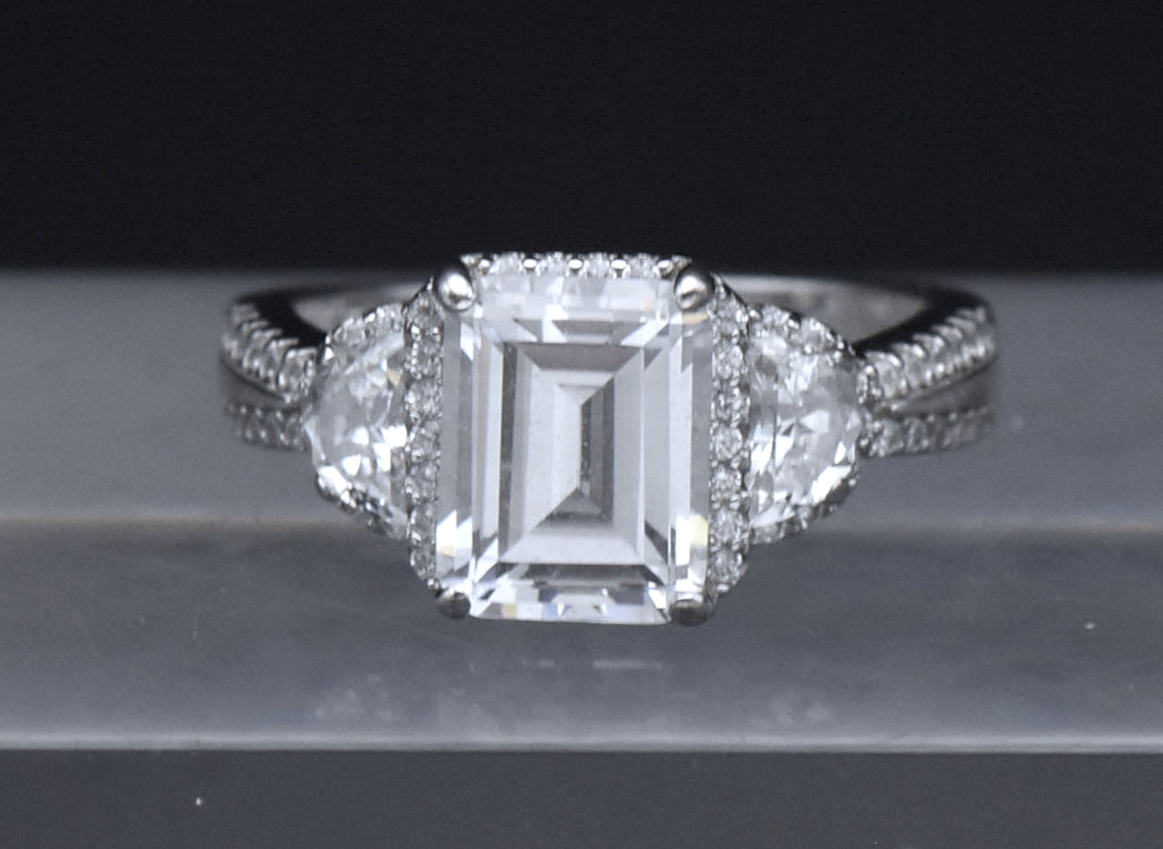 Sterling Silver Emerald Cut CZ Ring - Size 6