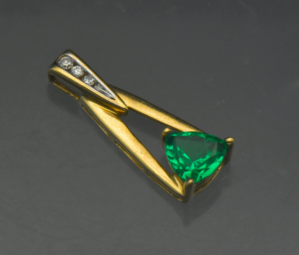 Vintage 10k Synthetic Emerald and Diamonds Pendant