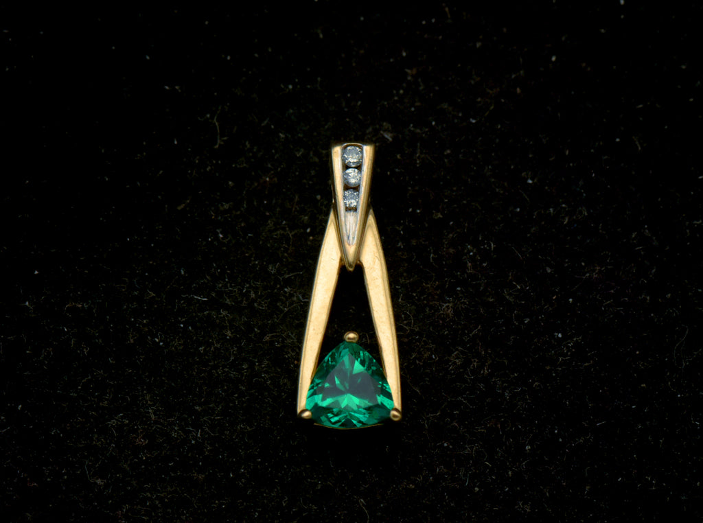 Vintage 10k Synthetic Emerald and Diamonds Pendant