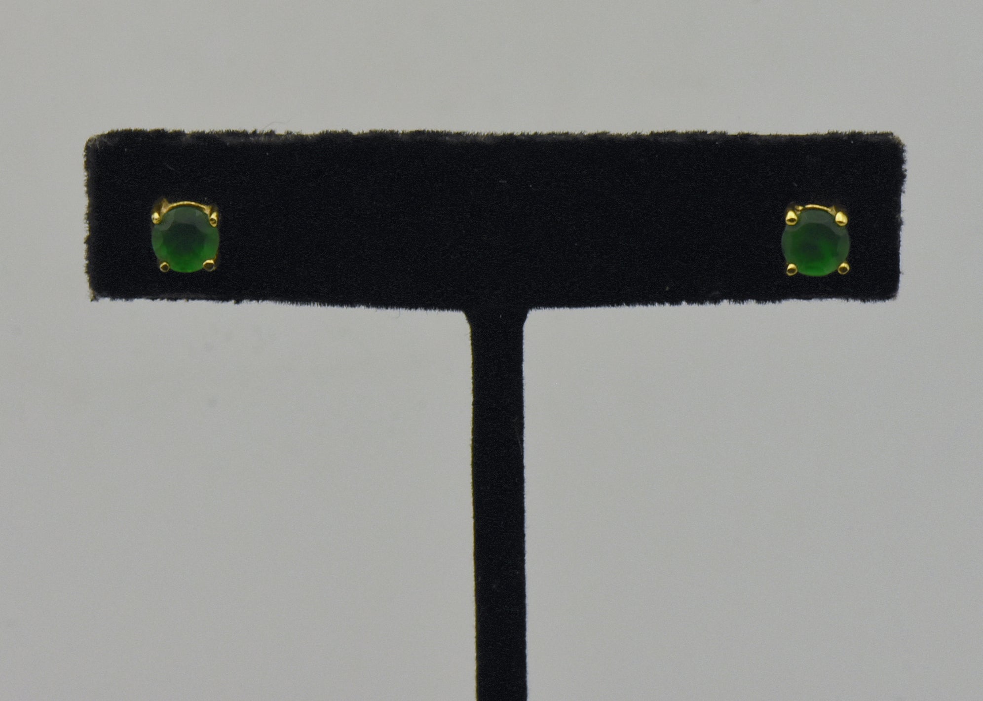 Vintage Gold Tone Sterling Silver Green Glass Stud Earrings