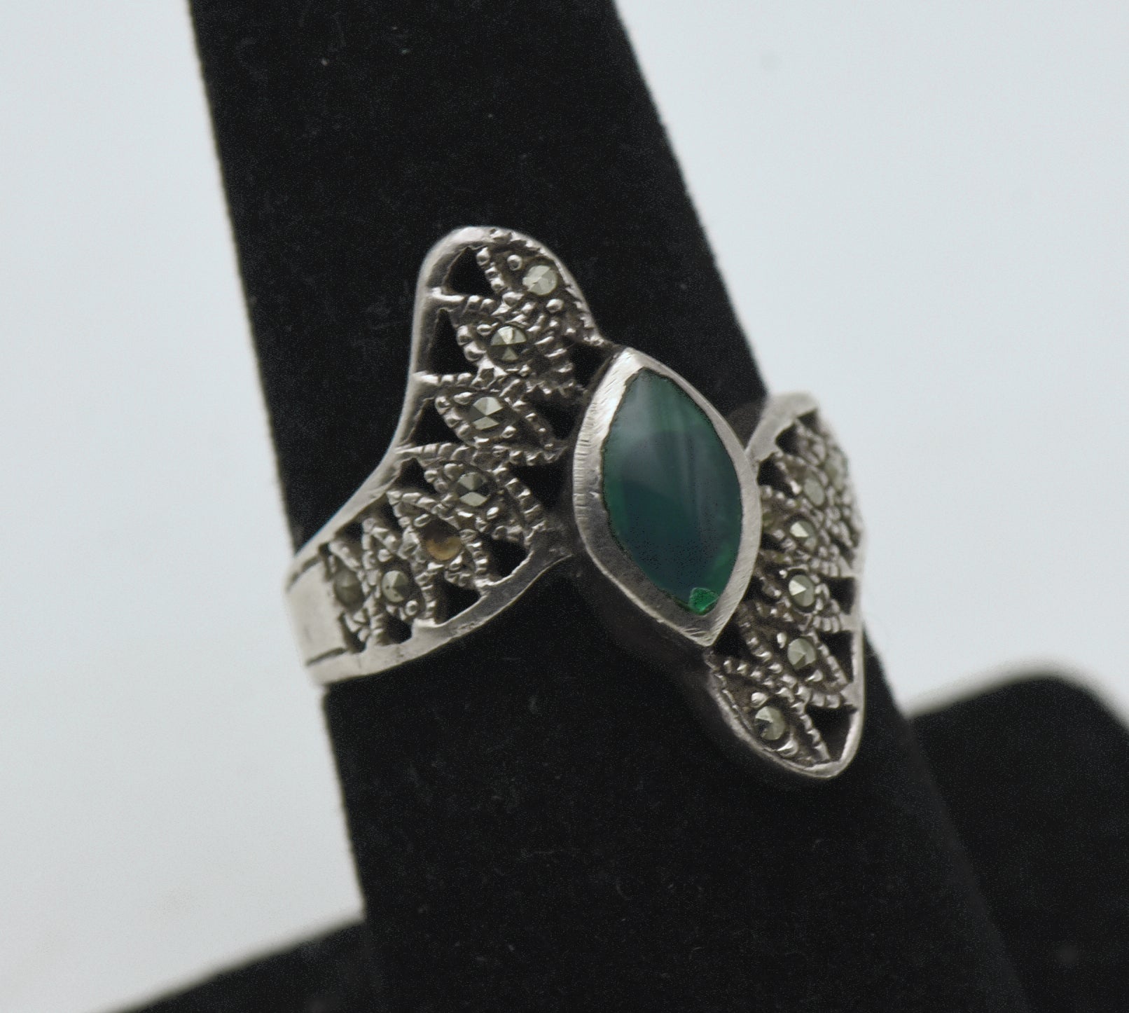 Vintage Sterling Silver Green Enamel and Marcasite Bypass Ring - Size 7