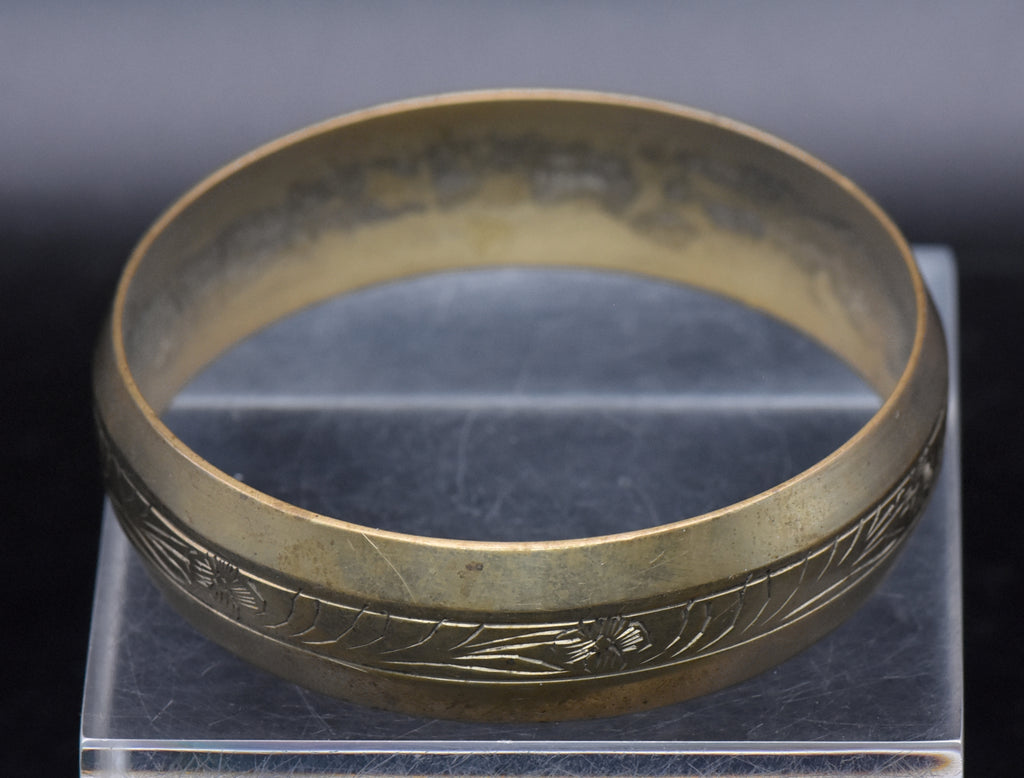 Vintage Brass Hand Engraved Wide Bangle Bracelet